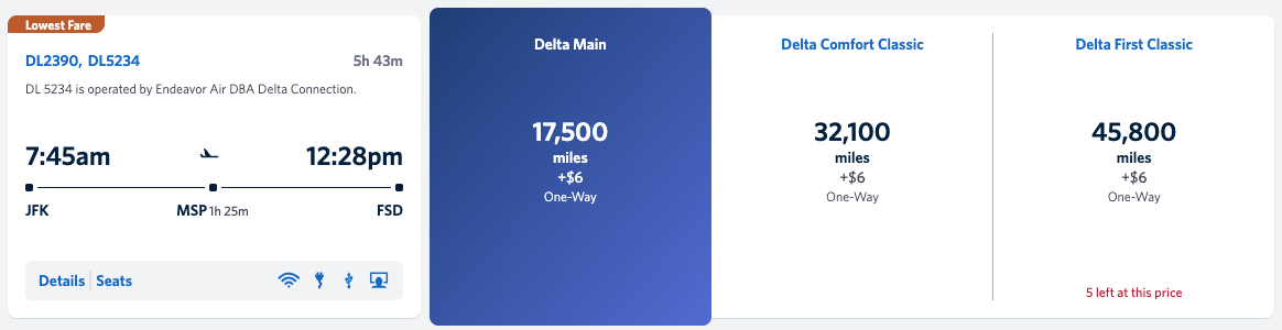 Delta SkyMiles economy class award booking from New York (JFK) to Sioux Falls (FSD) for 17,500 miles and $6 per person. 